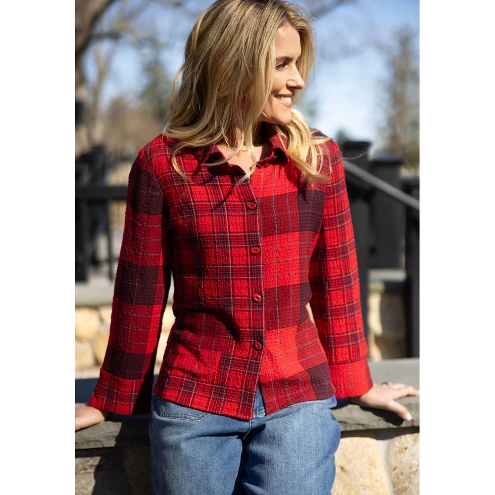 Habitat Clothes to Live In Red Mixed Plaid Textured Shirt L Layering Mixed media